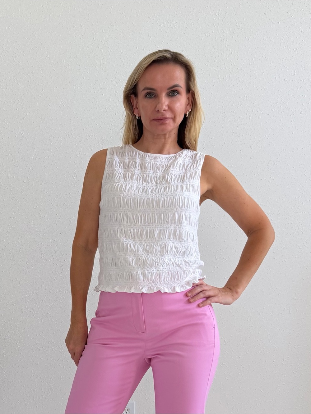 Madewell White Smocked Cotton Linen Sleeveless Top Size M NWT